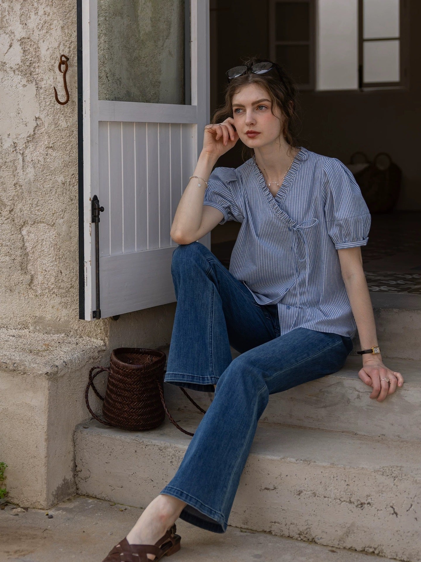 blue cotton asymmetrical  striped puff-sleeve shirt