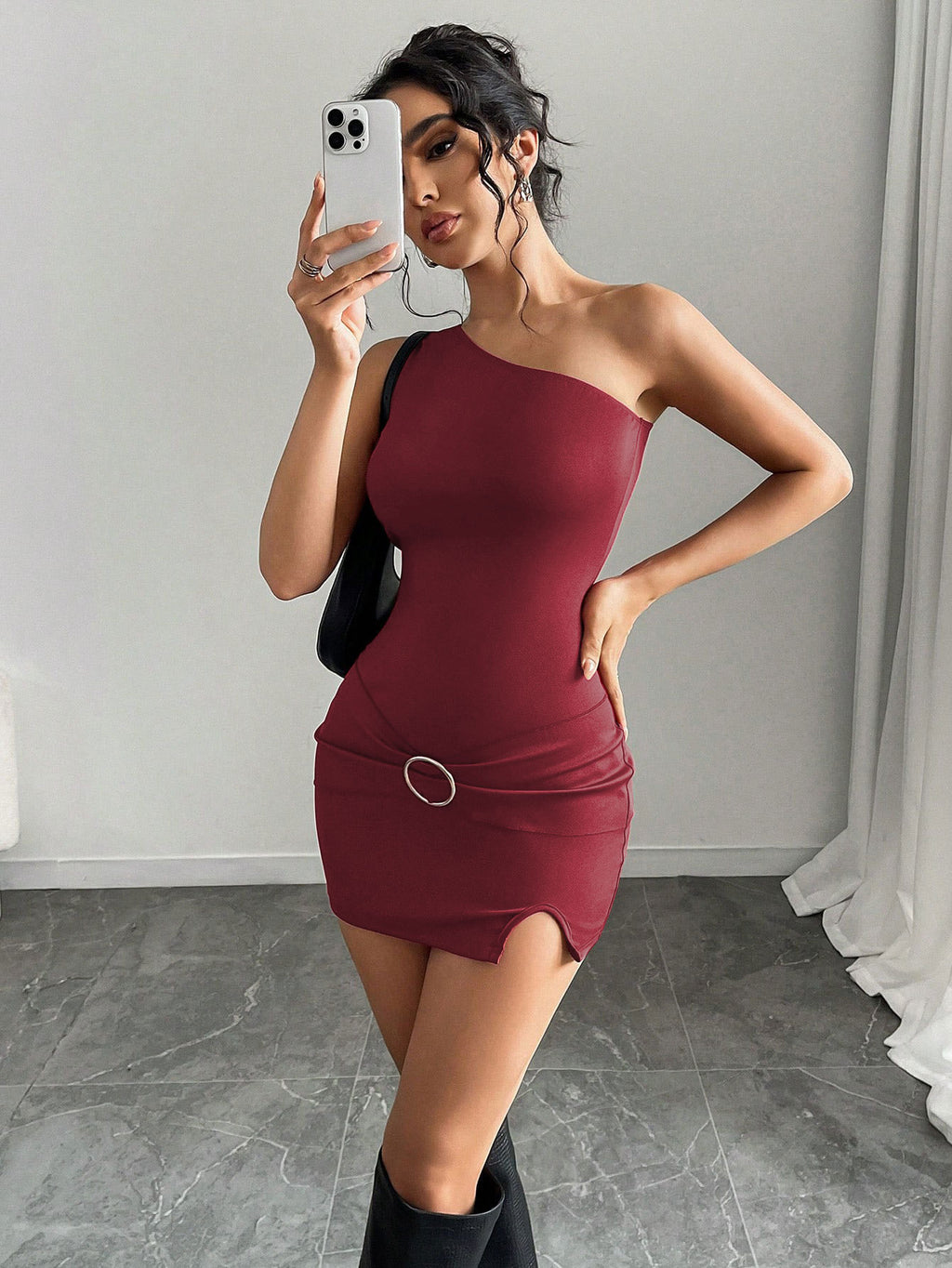hedy red Asymmetrical neckline bodycon mini dress