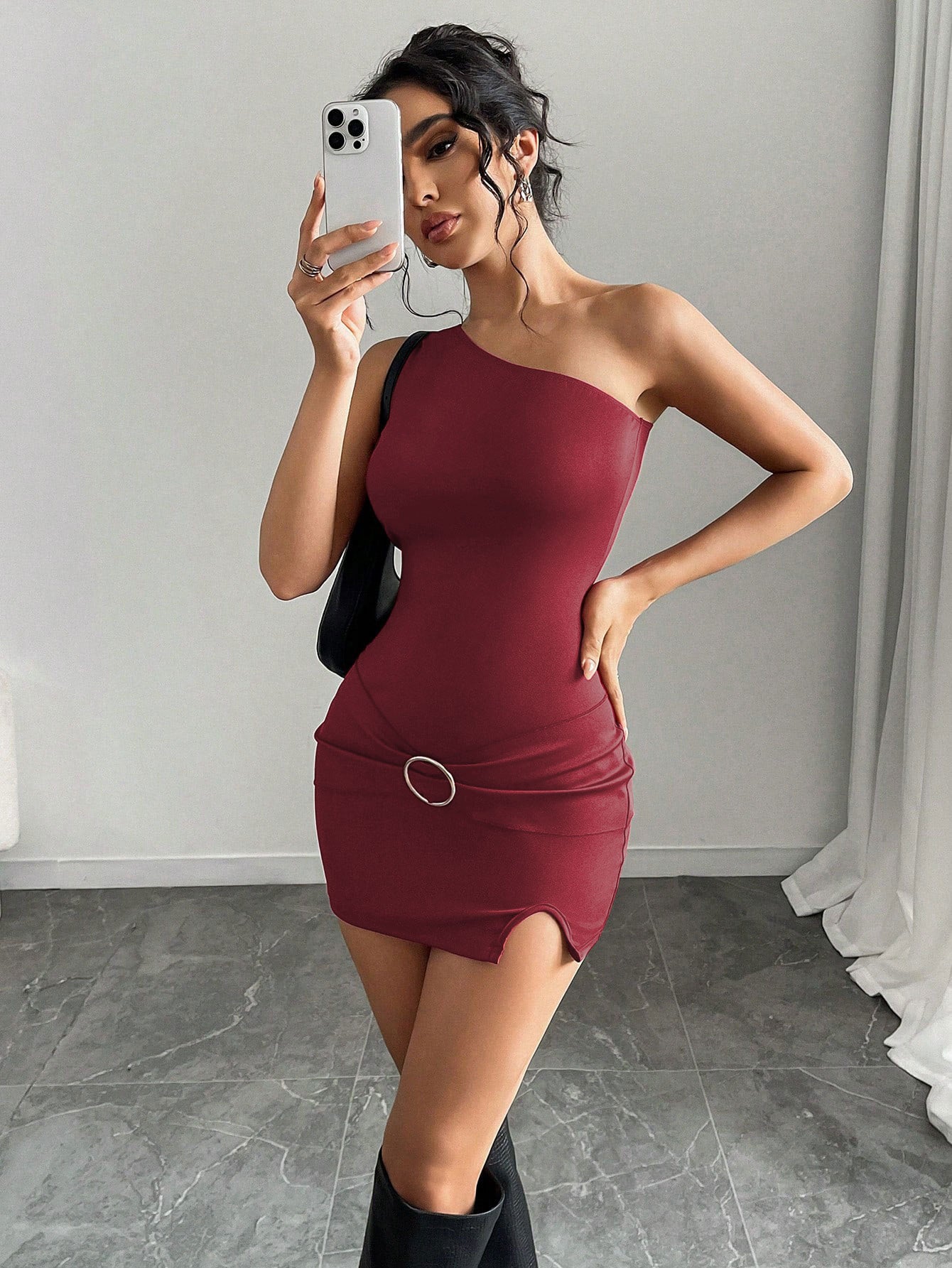hedy red Asymmetrical neckline bodycon mini dress