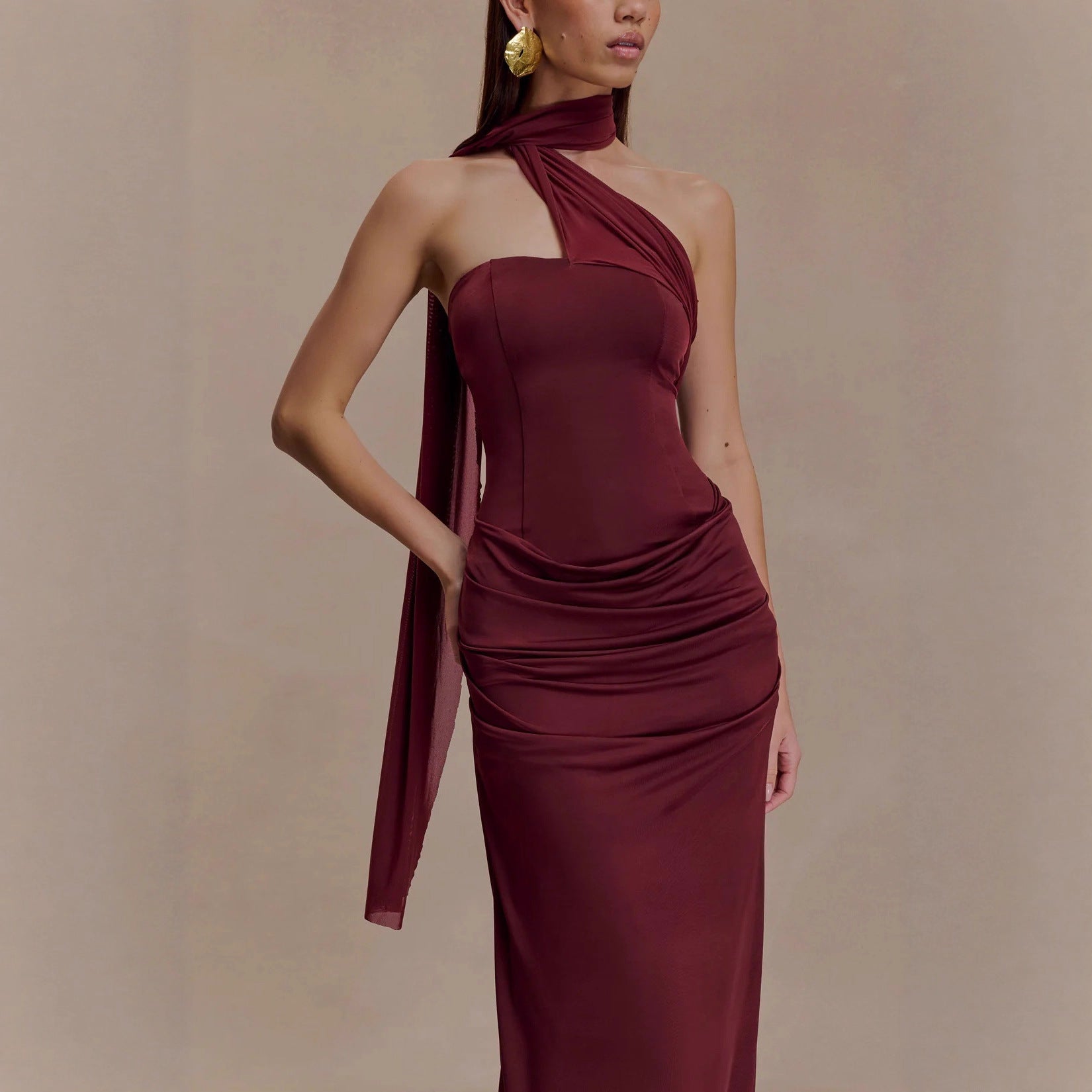 red bandeau sloping shoulder maxi dress