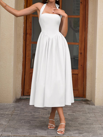 white halterneck strap backless midi dress