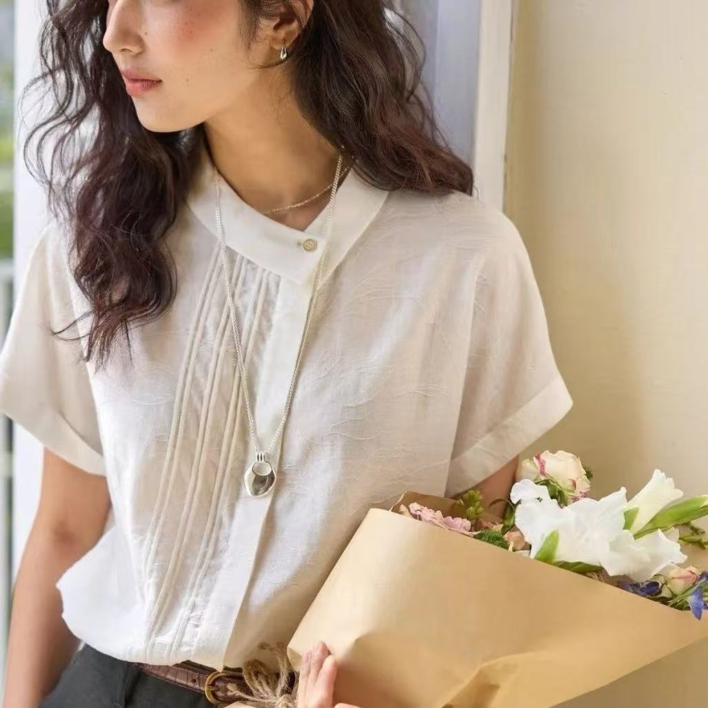 Linen jacquard asymmetrical collared shirt for summer