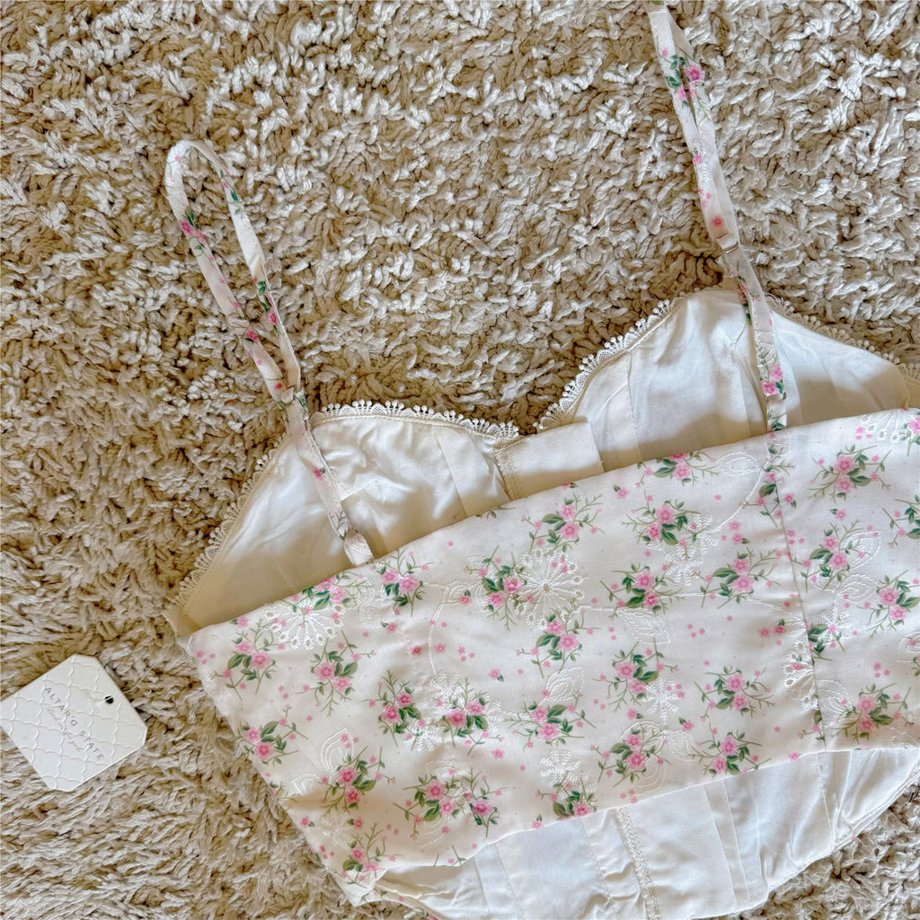 floral embroidery hook lace slim high-waisted cropped suspenders