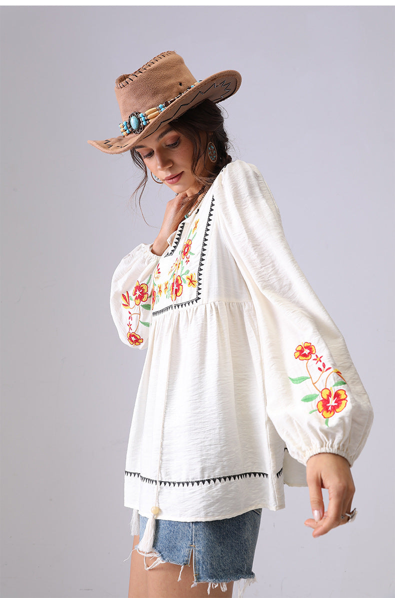 embroidered V-neck French long-sleeve shirt