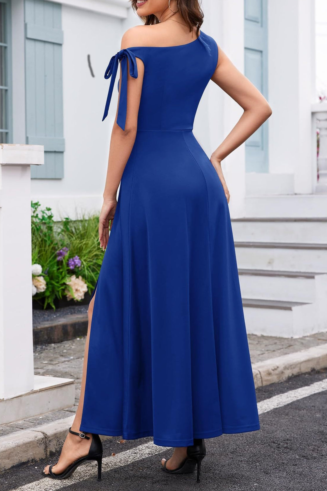 blue Slanted Shoulder Strap Slit Dress