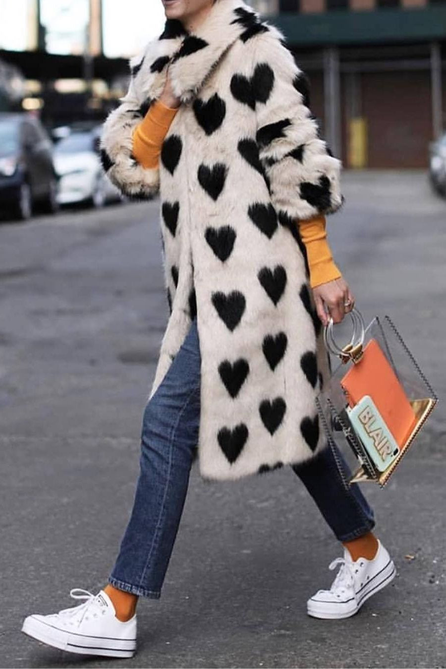 Heart-shaped faux fur thick long coat