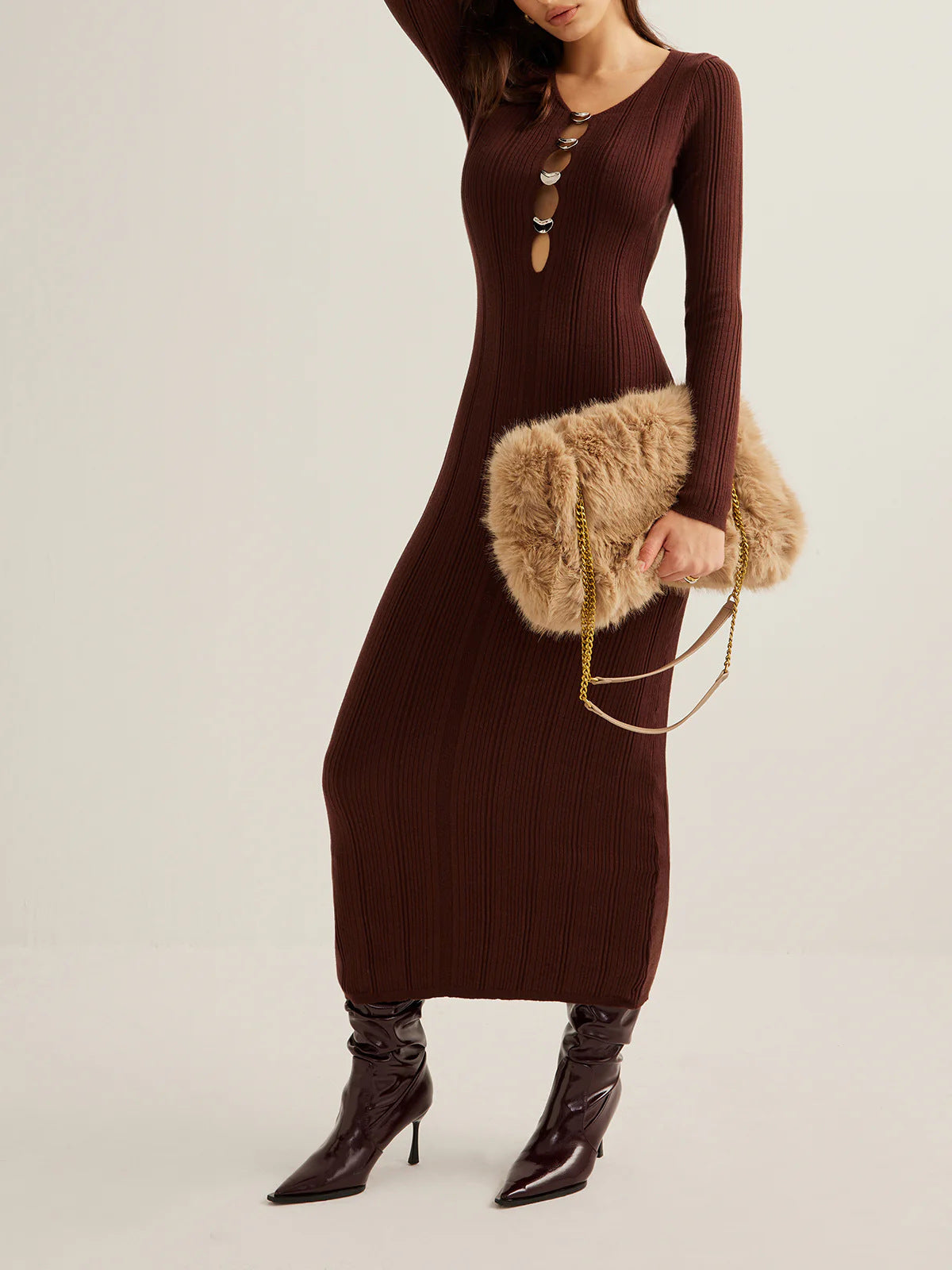 button V-neck knitted maxi dress
