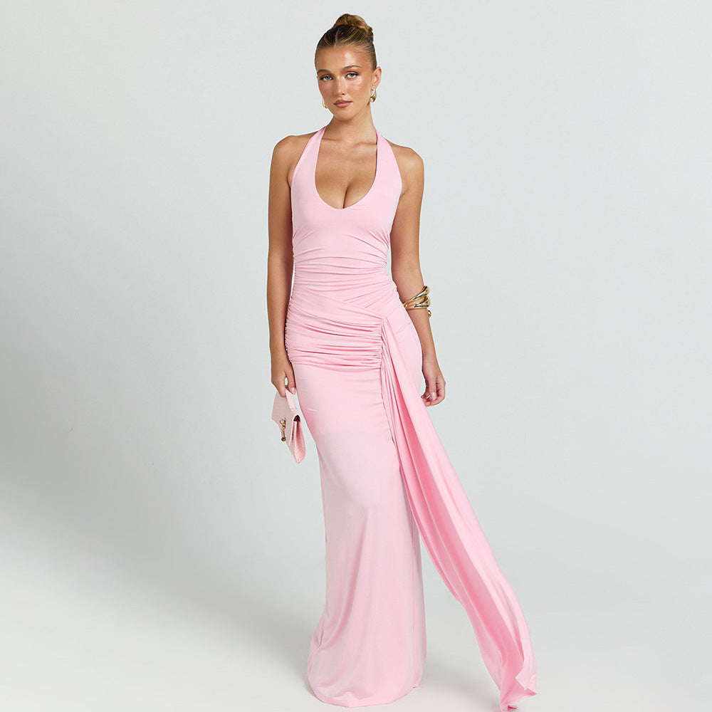 pink deep V halterneck open back streamer dress