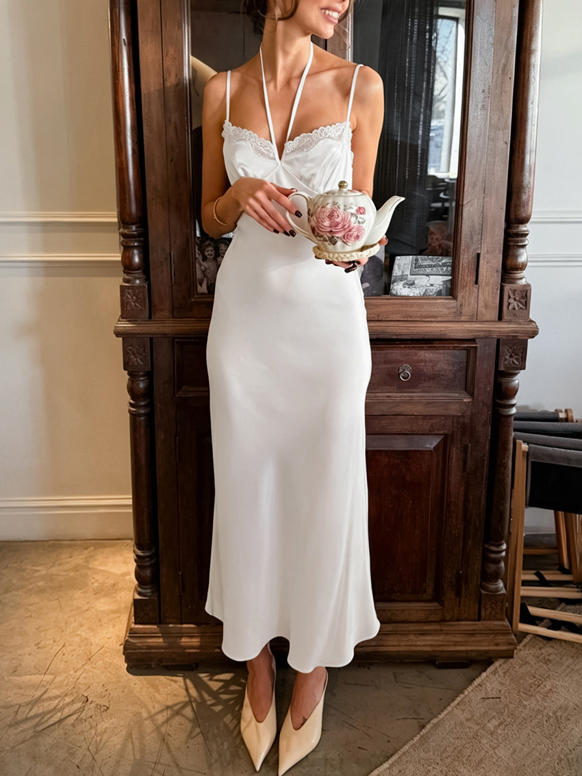 white satin halterneck maxi dress