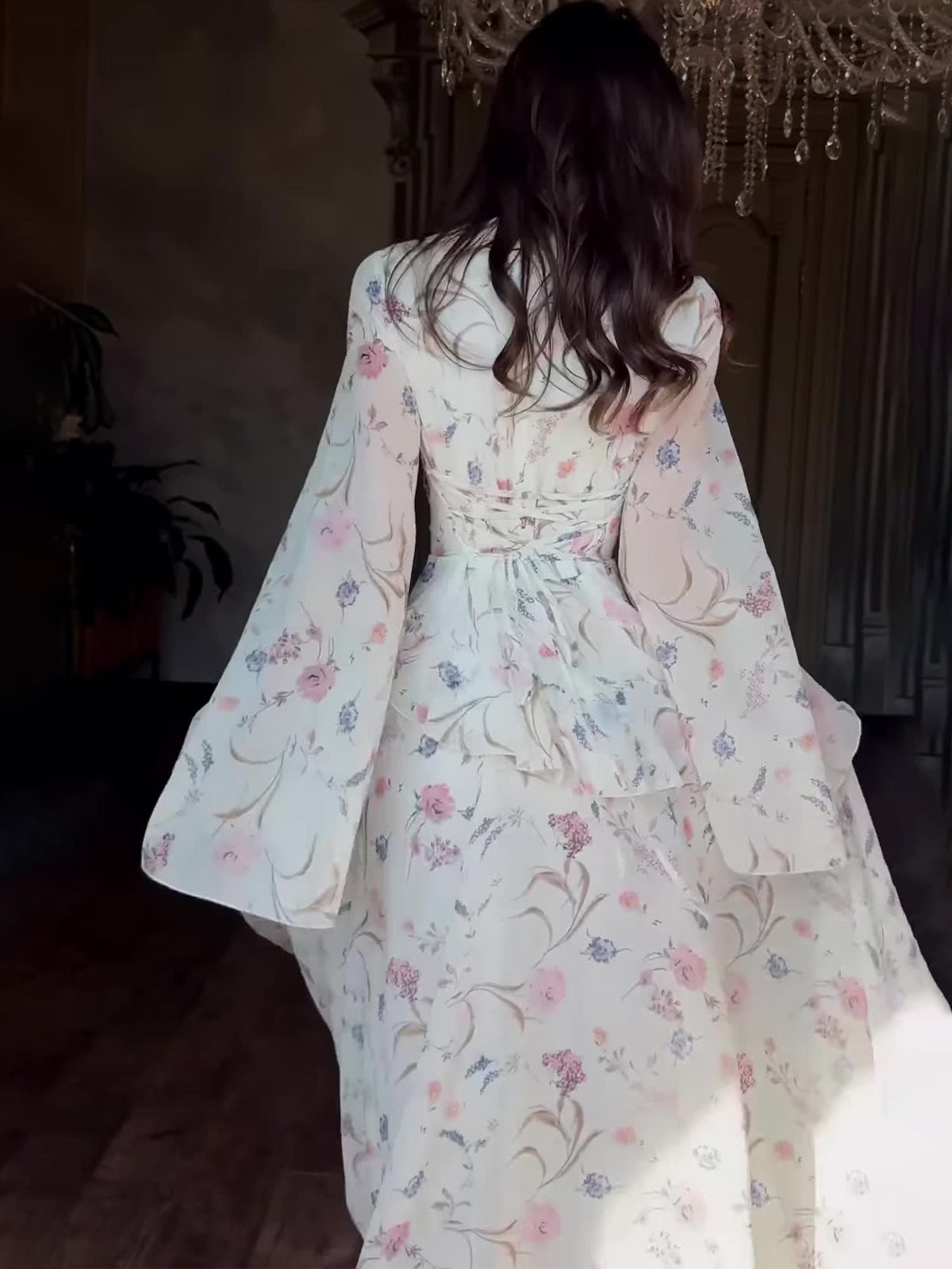 white floral long-sleeved maxi dress