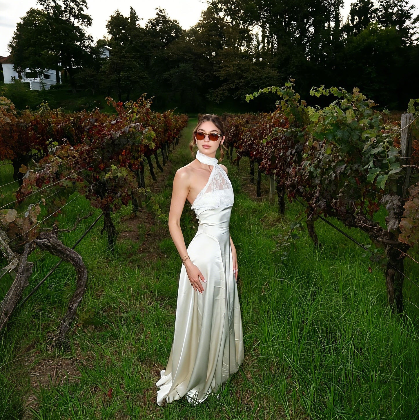 white halterneck lace patchwork satin dress