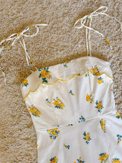 floral side slit lace-up dress