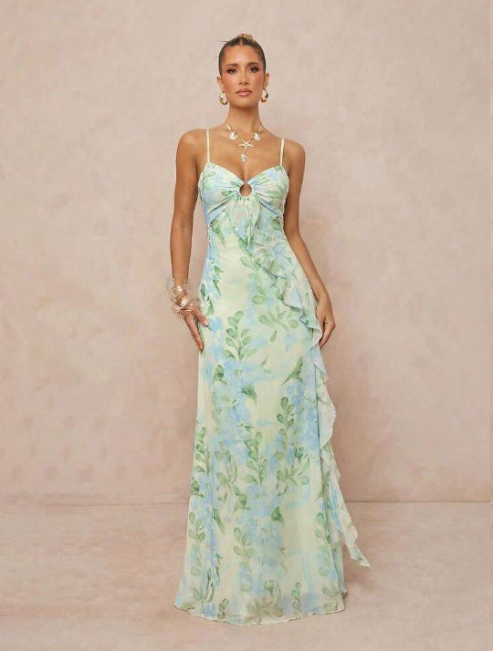 green mesh print open back waist dress