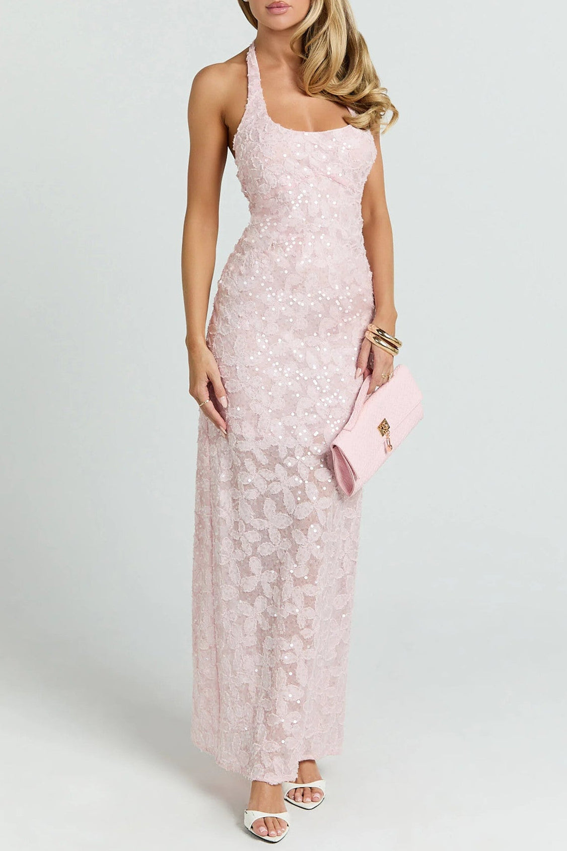 pink sequin strap sleeveless banquet dress