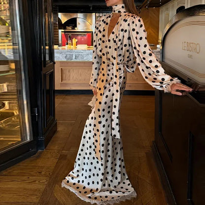 polka dot V-neck puff sleeve waist long skirt set