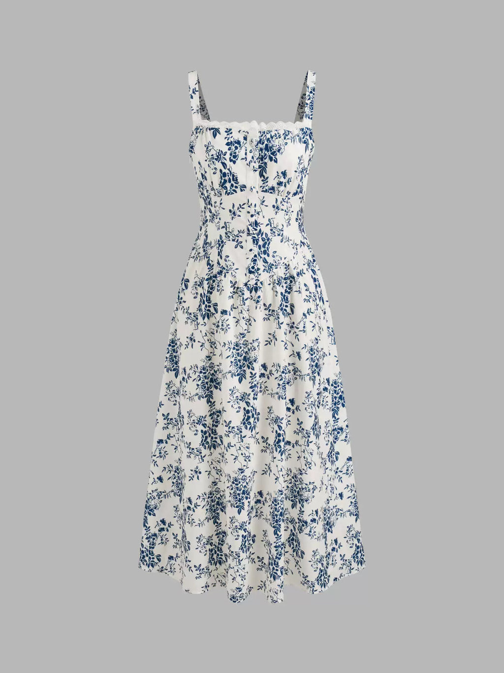 blue floral square neck vest dress