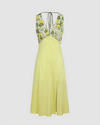 green floral V-neck lace-up backless satin panel side slit dress