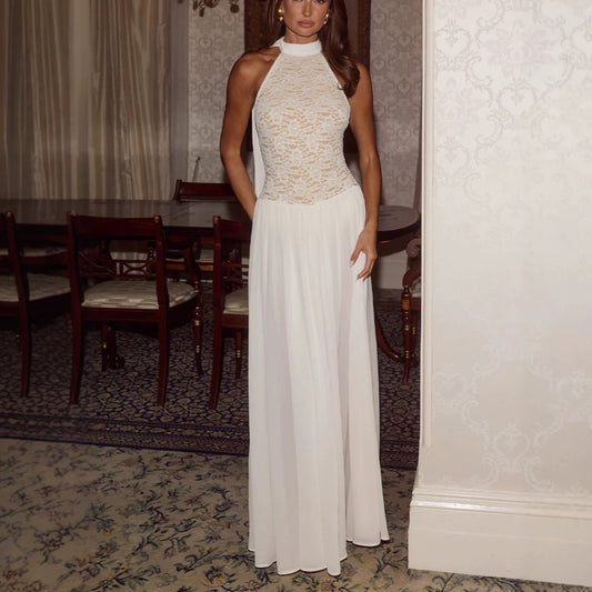 lace spliced halterneck long chiffon dress