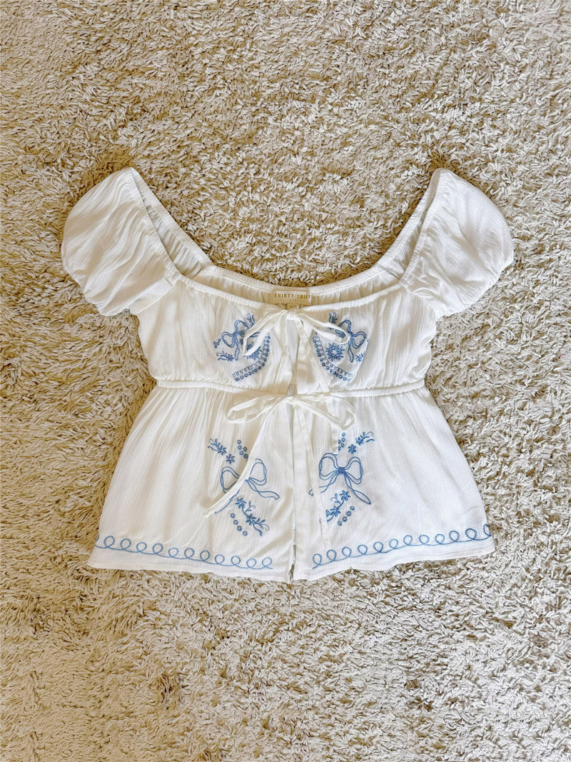 bow embroidery high-waisted cropped top