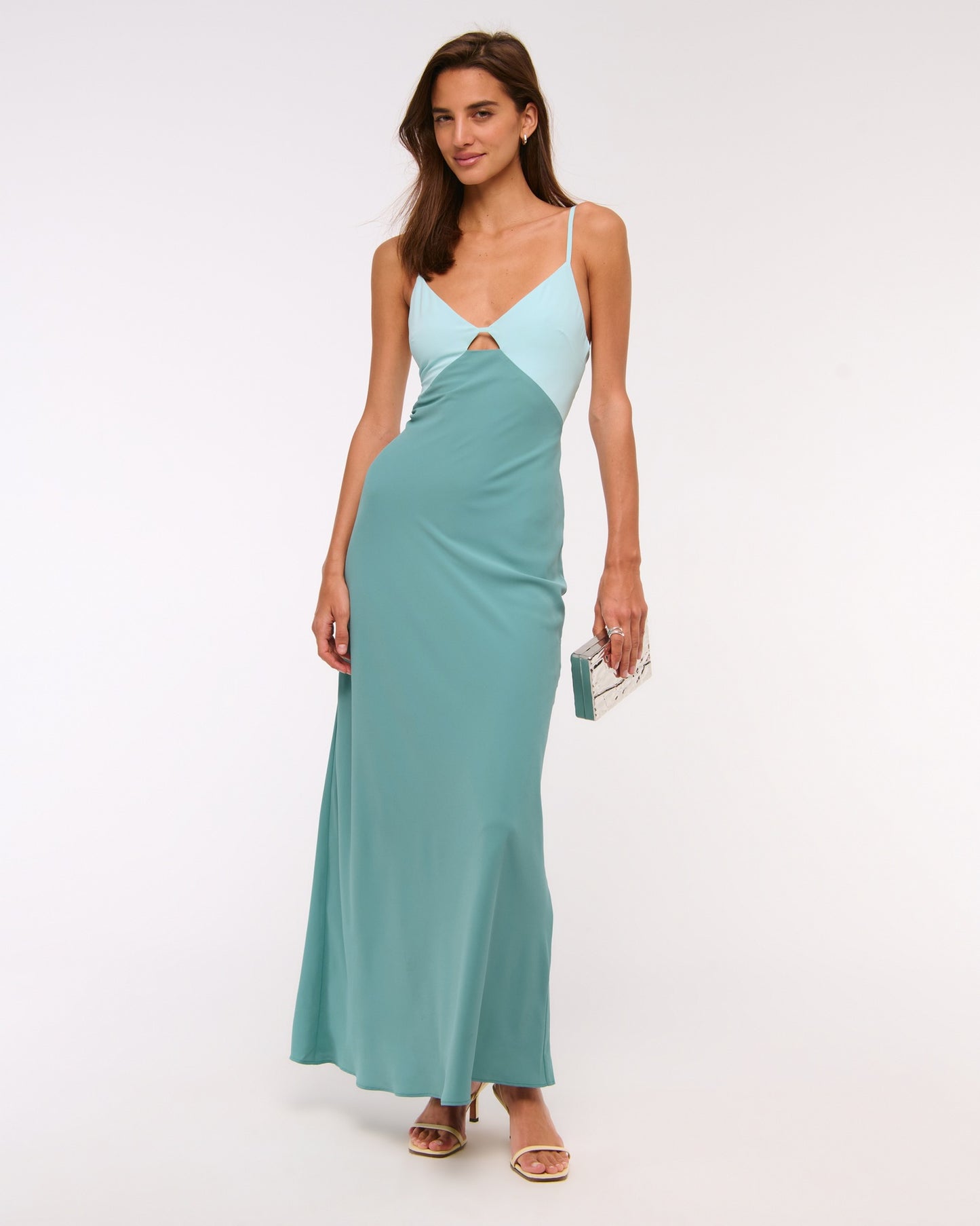 blue open back suspender color-blocking dress