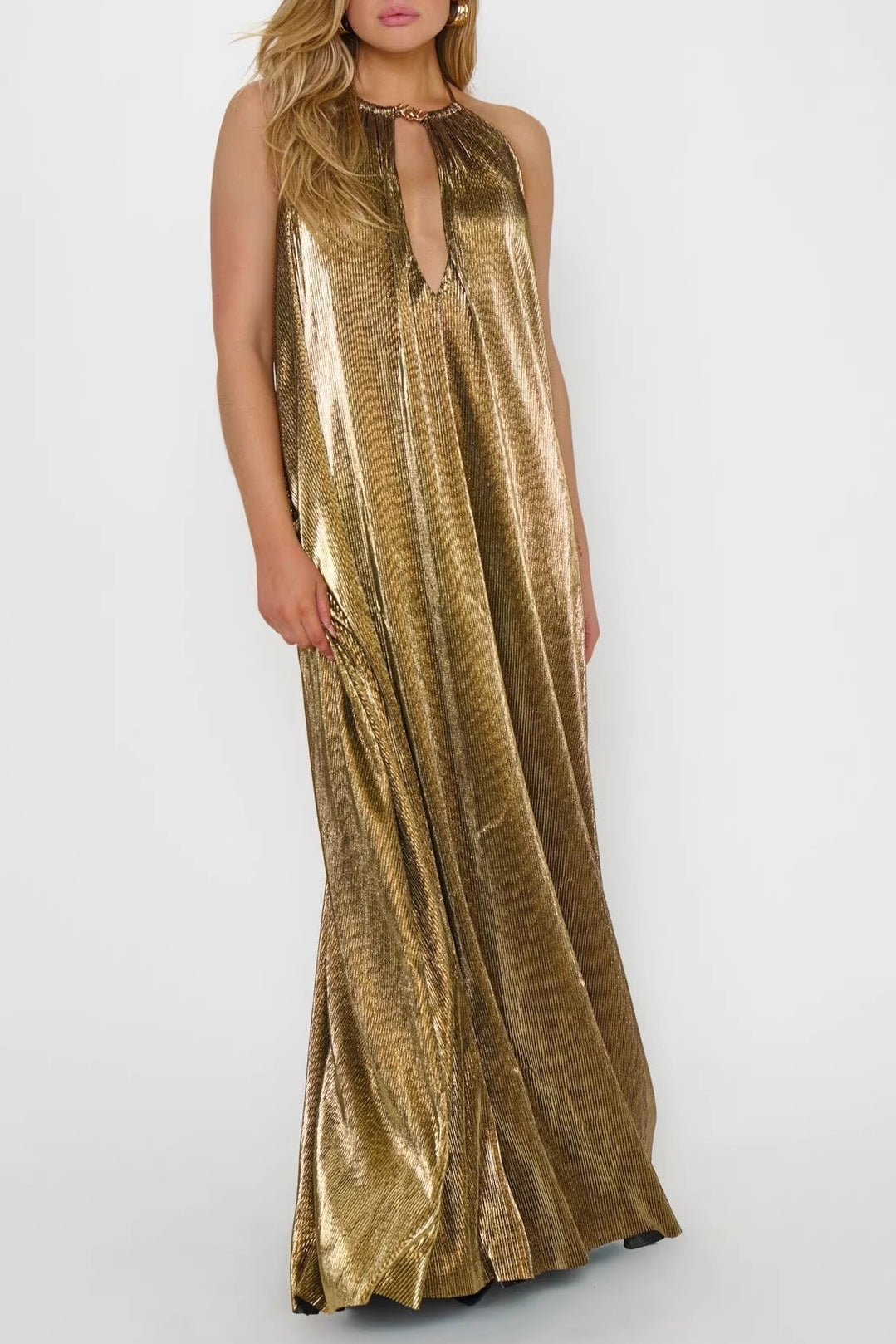 gold loose backless halterneck dress