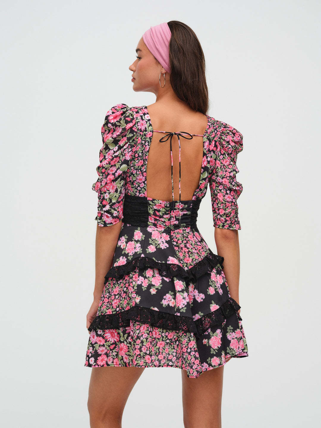 Floral lace patchwork deep V-neck puff sleeves mini dress