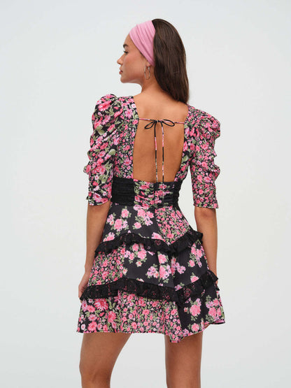 Floral lace patchwork deep V-neck puff sleeves mini dress