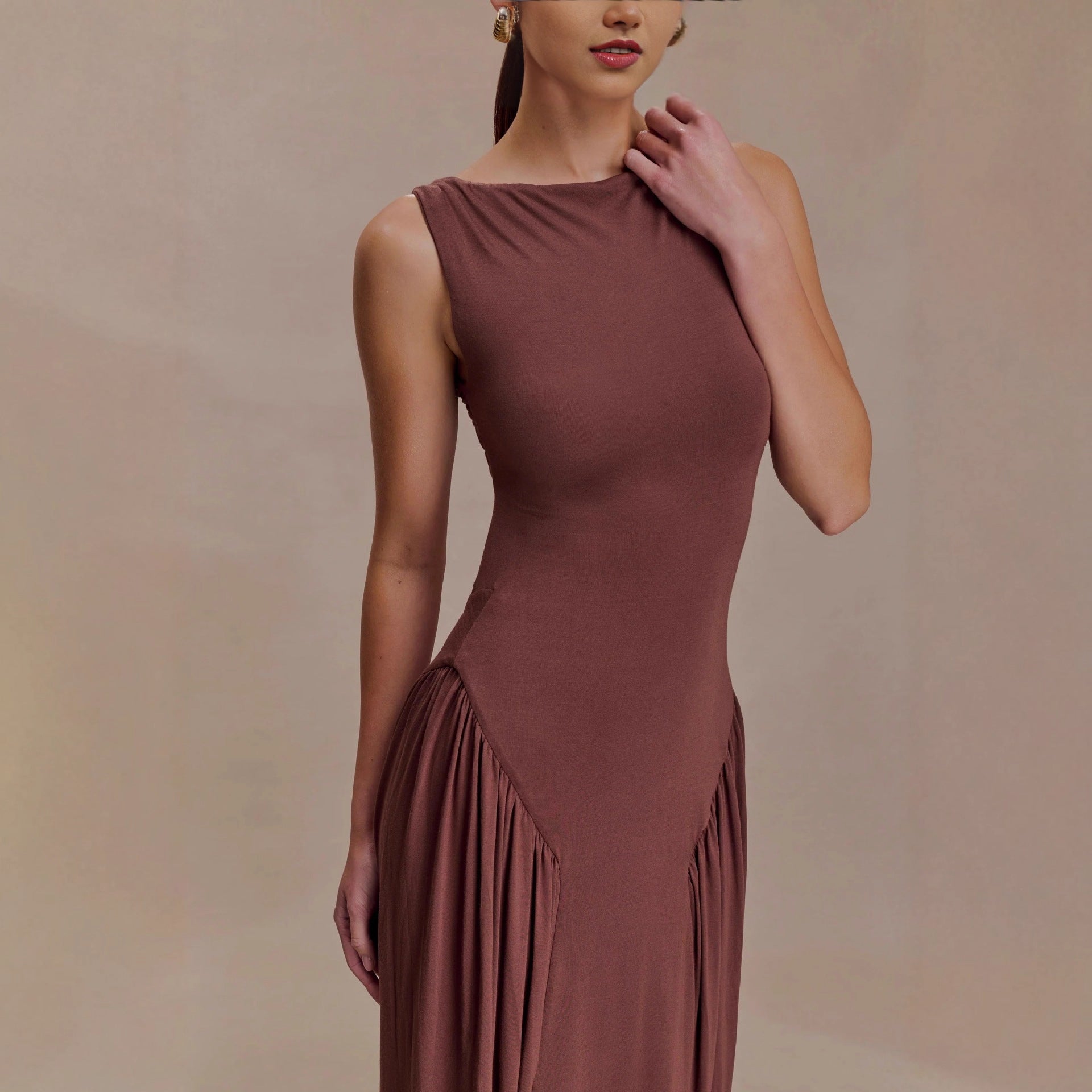 brown pleated one-line neck pleated open back dress