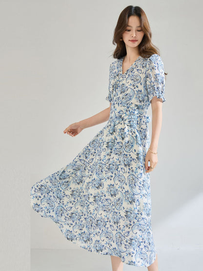 Linen blue floral print midi dress