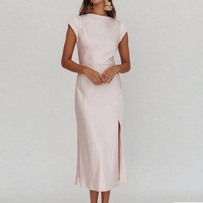 light pink Crew Neck Slit Slim Dress