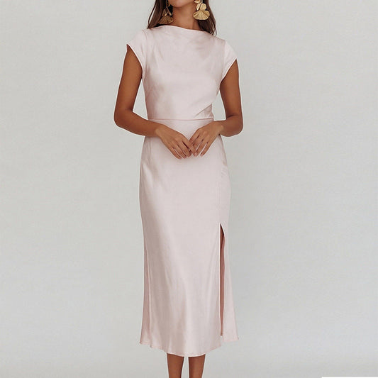 light pink Crew Neck Slit Slim Dress