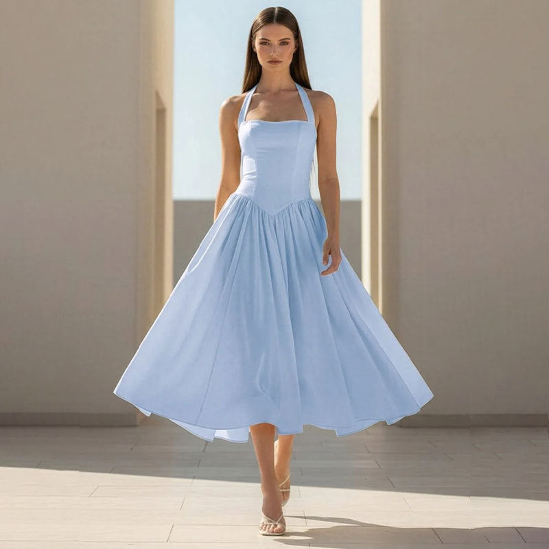 light blue Halter Strappy Backless midi Dress