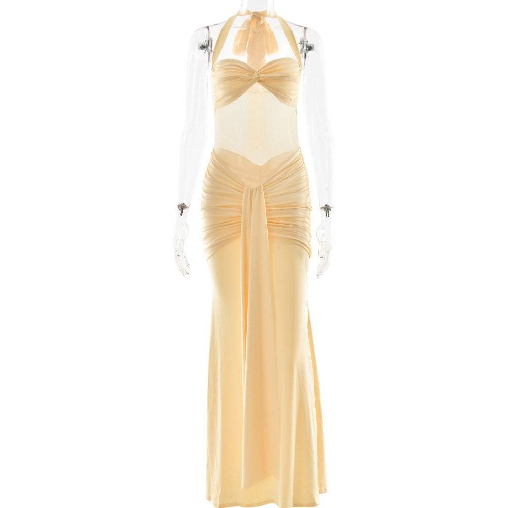 yellow backpack pleated hip dress