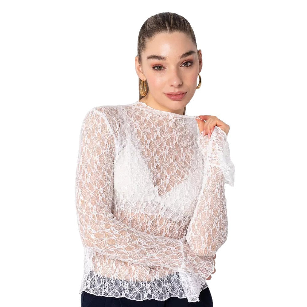 lace long-sleeved base shirt see-through inner cut-out top
