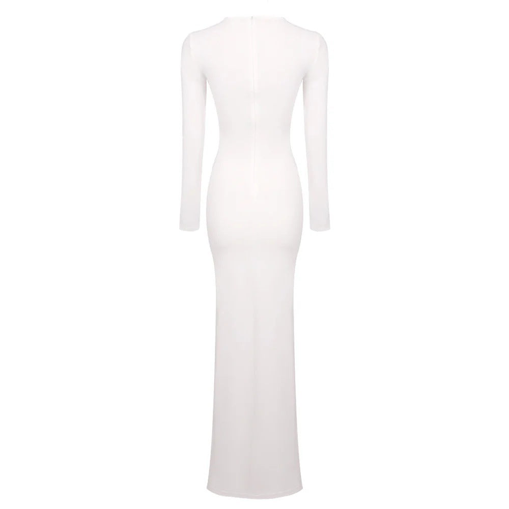 Long-sleeved ribbon-trimmed round-neck maxi dress