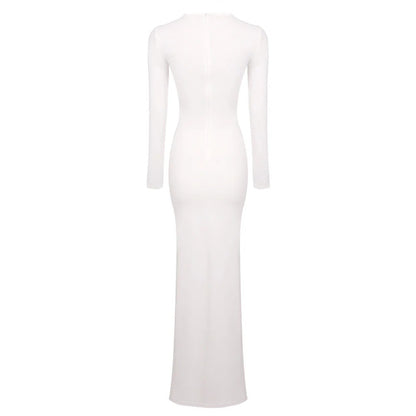 Long-sleeved ribbon-trimmed round-neck maxi dress