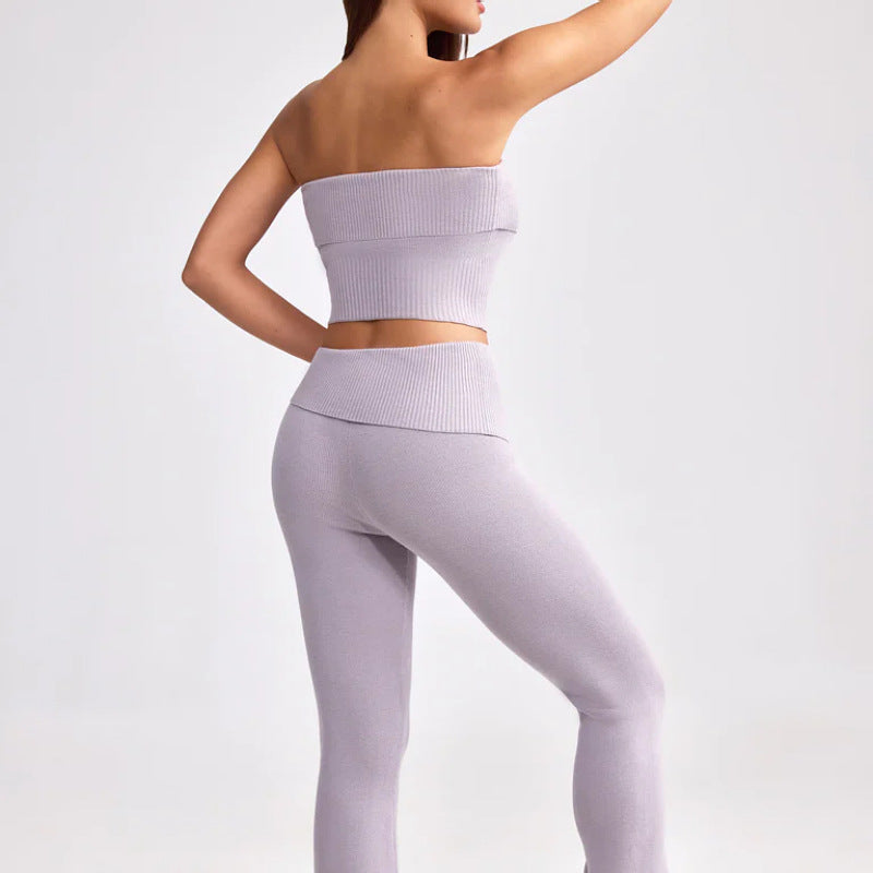 purple Strapless top and flared trousers two-piece set