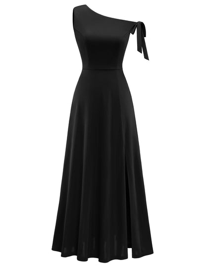 black Slanted Shoulder Strap Slit Dress