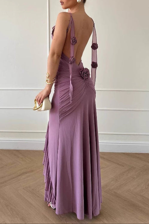 purple Ruffled Chiffon maxi Dress