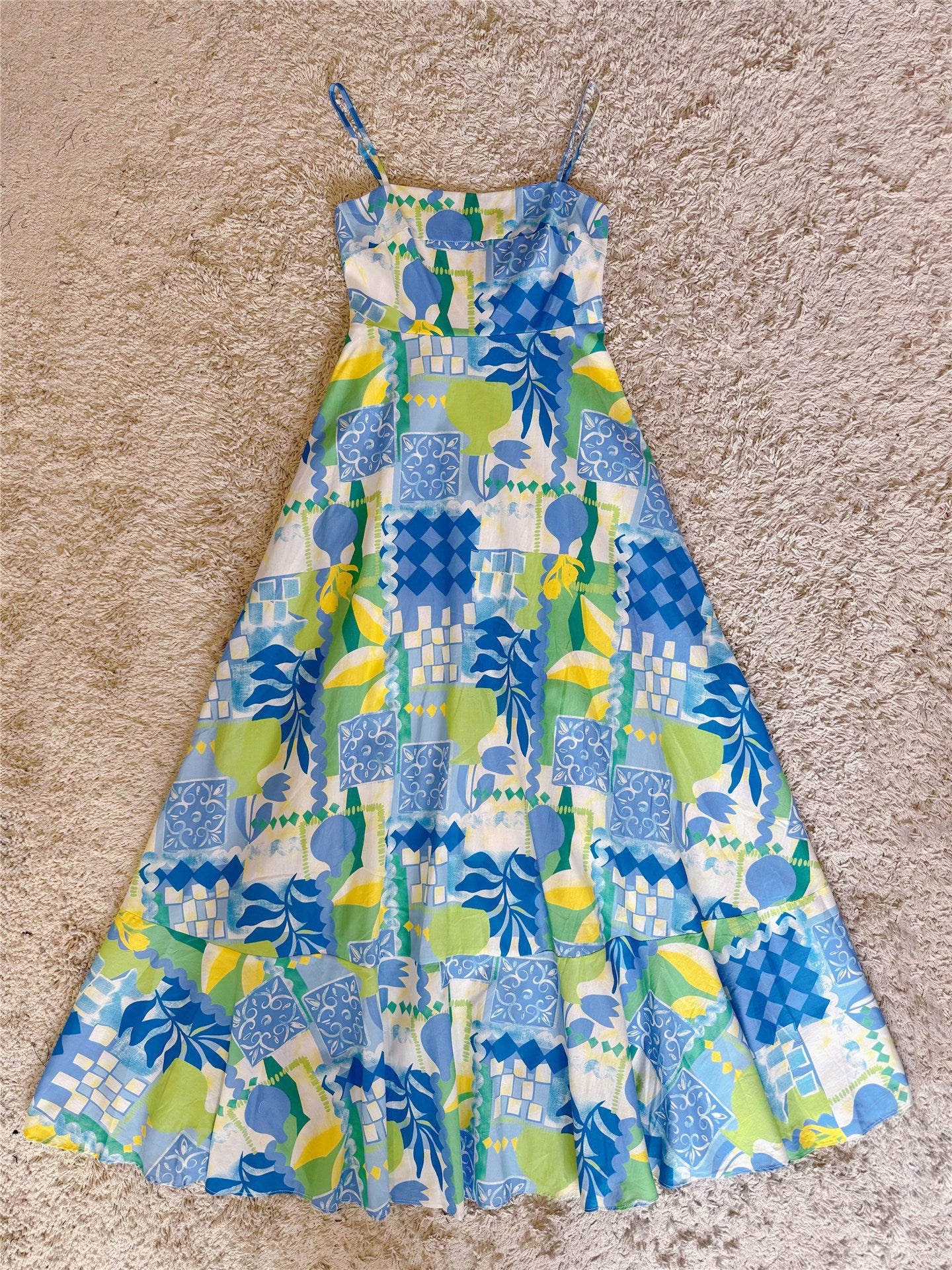Scalloped Trim Tropical Patchwork Print Spaghetti Strap Maxi Dress