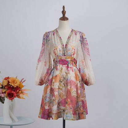 xanthe V-Neck Floral Billow Sleeve Mini Dress
