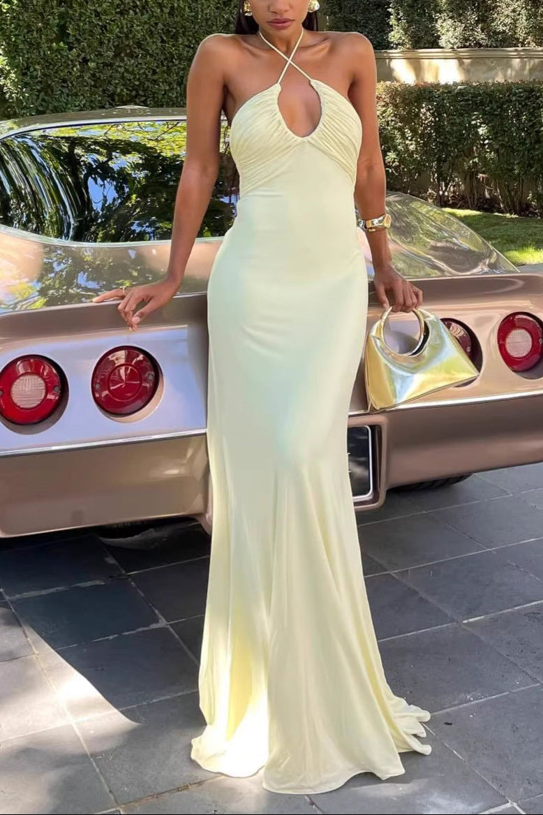 yellow halterneck open back slip dress