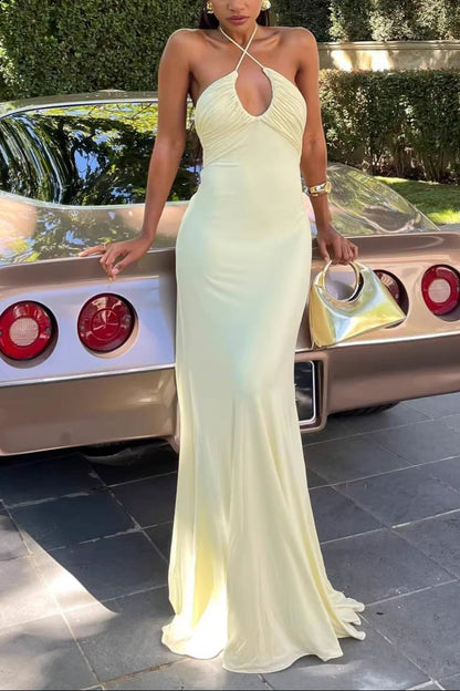 yellow halterneck open back slip dress