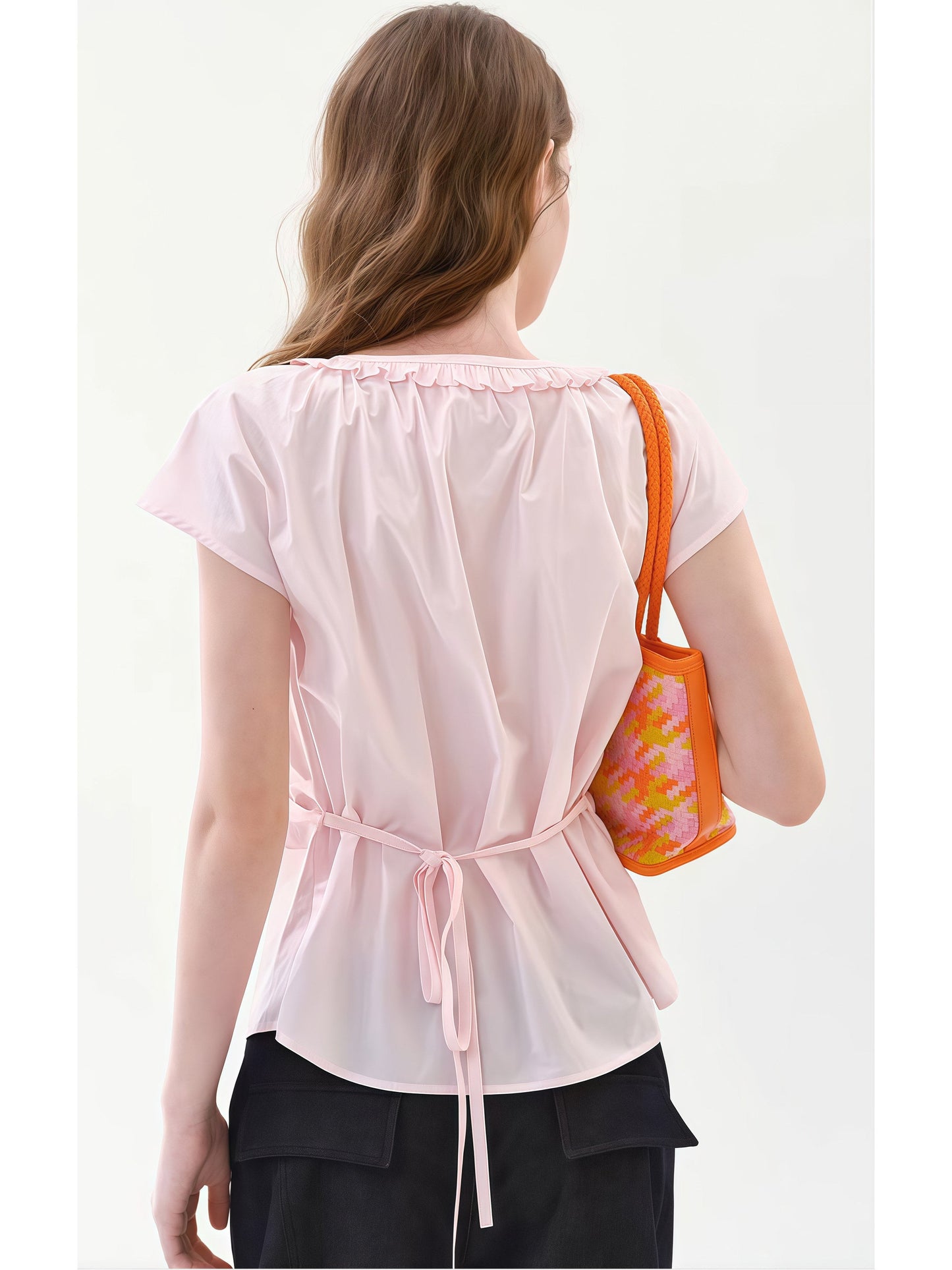 Ruffled V-neck tie-sleeve shirt