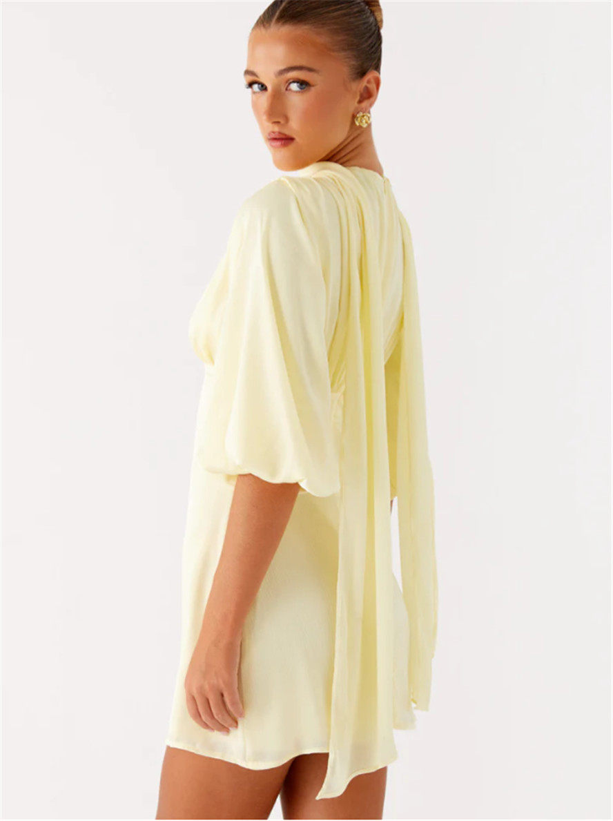 yeloow V-neck lantern mid-sleeve waist dress