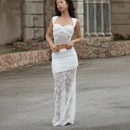 white lace suit skirt  see-through top skirt two-piece set