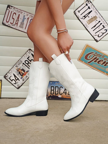 Glossy pointed toe square heel embroidered knight boots