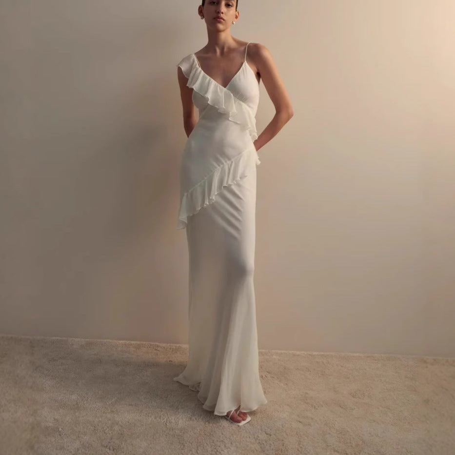 White backless ruffled halter maxi dress