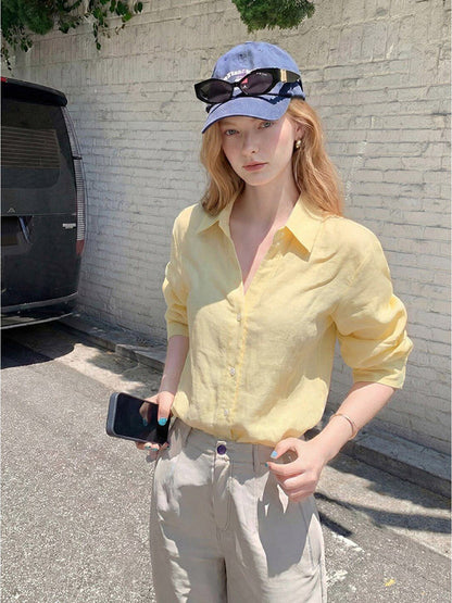 Light Yellow Linen V-Neck Three-quarter Sleeve Shirt
