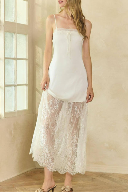 white lace satin slip dress